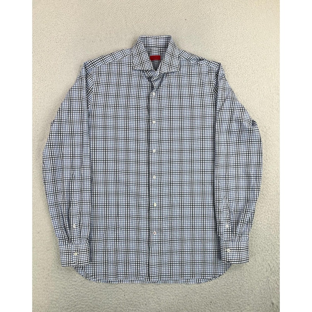 Isaia Napoli Dress Shirt Mens 16.5 34/35 Blue Check Regular Fit Italy IL10SC/000